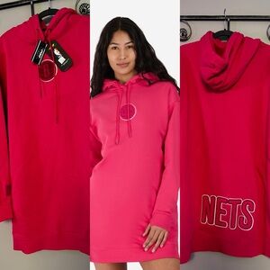 PRO STANDARD BROOKLYN NETS WOMENS Pink HOODIE thumbhole DRESS and pockets NBA